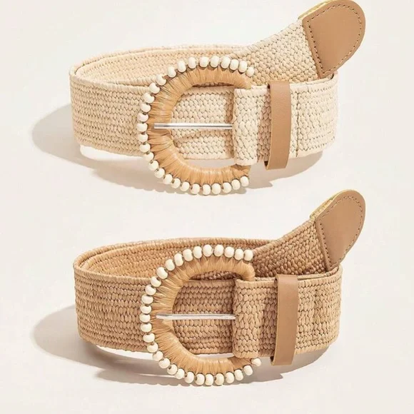 2 pack bohemian round buckle straw belt Wide Woven Straw Belt with Covered Buckle - w.kleinberg main image 3